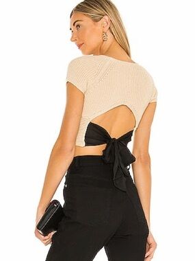 Lovers + Friends Cream Short-Sleeve Knit Crop Top with Black Tie Details